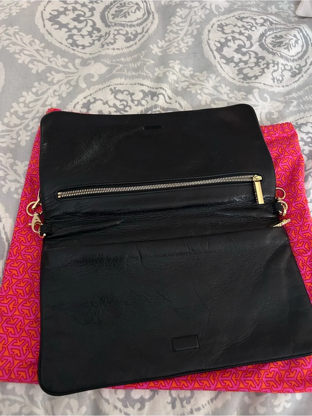 Tory Burch Black Leather Wristlet Clutch with Gold Chain